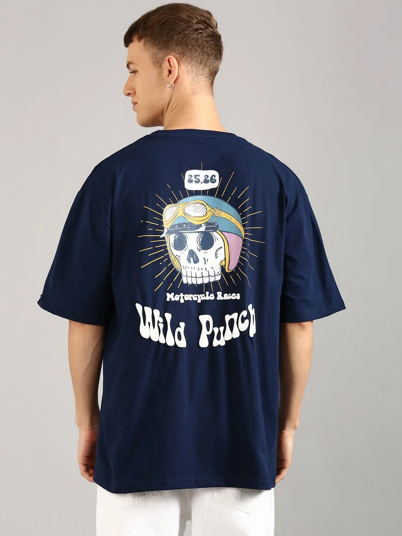 Joven Navy Blue Men Navy Blue Printed Pure Cotton Oversized T-Shirt for Men | Best Price UAE