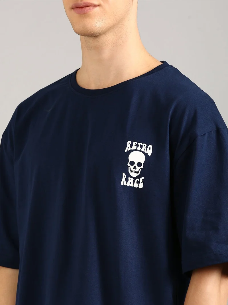 Joven Navy Blue Men Navy Blue Printed Pure Cotton Oversized T-Shirt for Men | Best Price UAE