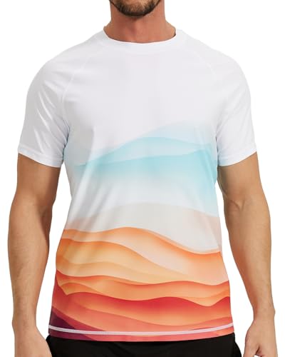 VAYAGER UPF 50+ Mens Swim Shirt Short Sleeve Rash Guard Quick Dry Water Beach Shirts UV Protection Sun Shirts(White Orange XL) - Image 1