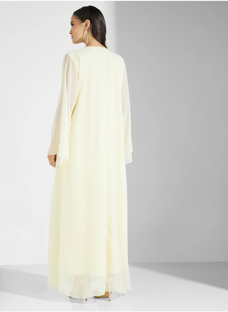 هيا كلوزيت V-Neck Embroidered Neck Flared Sleeve Dress