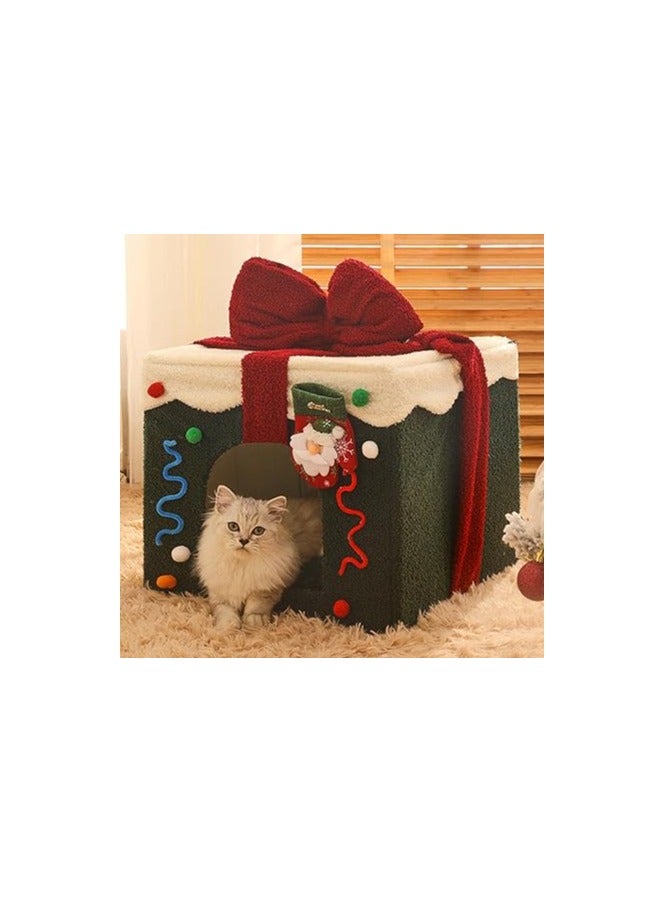 Christmas Cat Bed House ( L ) - Washable and Soft Dog Bed,Cat Cave with Detachable Pillow Box Shape for Pet - Image 1