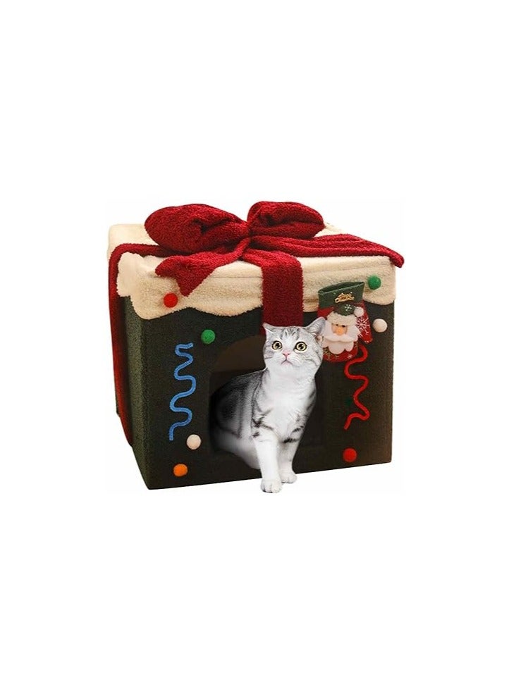 Christmas Cat Bed House ( L ) - Washable and Soft Dog Bed,Cat Cave with Detachable Pillow Box Shape for Pet - Image 2