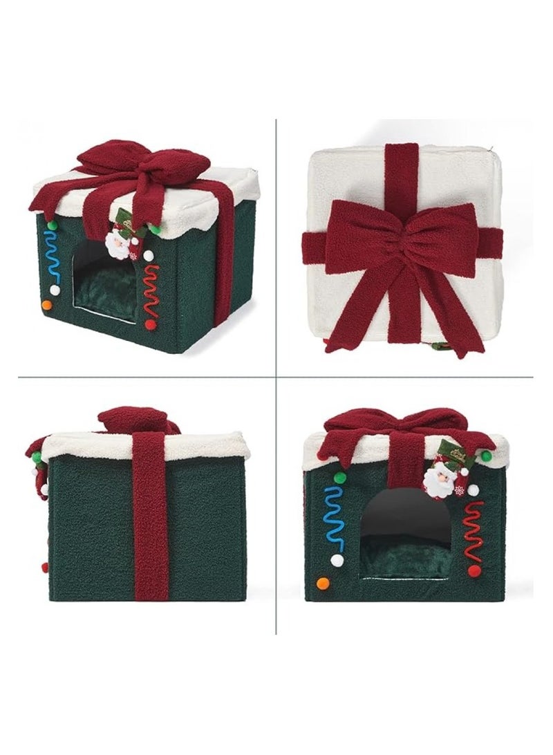 Christmas Cat Bed House ( L ) - Washable and Soft Dog Bed,Cat Cave with Detachable Pillow Box Shape for Pet - Image 3