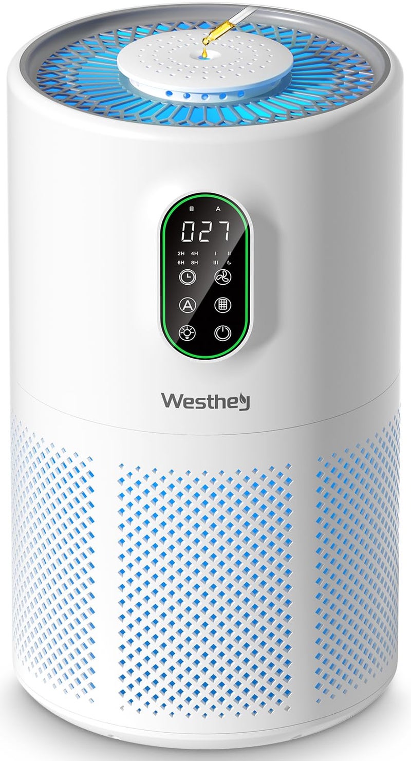 WESTHEY منقيات الهواء للمنزل غرفة كبيرة تصل إلى 1650 قدم مربع، WESTHEY H13 True HEPA منقي الهواء لغرفة النوم مع ضوء ليلي، جهاز مراقبة جودة الهواء، إسفنجة عطر، منقي الهواء للدخان الناتج عن حرائق الغابات، الوبر، والغبار - Image 1