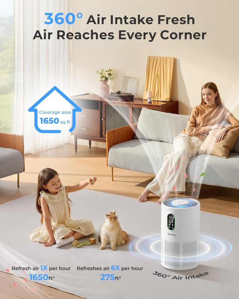 WESTHEY منقيات الهواء للمنزل غرفة كبيرة تصل إلى 1650 قدم مربع، WESTHEY H13 True HEPA منقي الهواء لغرفة النوم مع ضوء ليلي، جهاز مراقبة جودة الهواء، إسفنجة عطر، منقي الهواء للدخان الناتج عن حرائق الغابات، الوبر، والغبار - Image 3