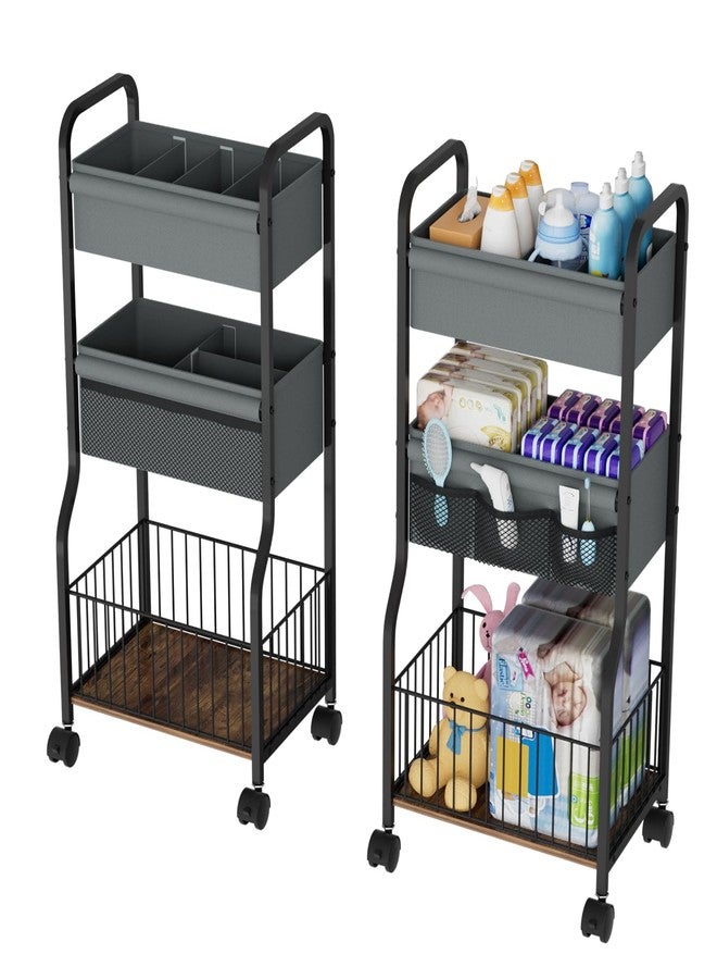 NEYCIL 3-tier Baby Diaper Caddy Organizer and Storage Cart with 4+3 Dividers, Metal Utility Cart with Lockable Wheels for Nursery, Bedroom, Bathroom, Black - Image 1