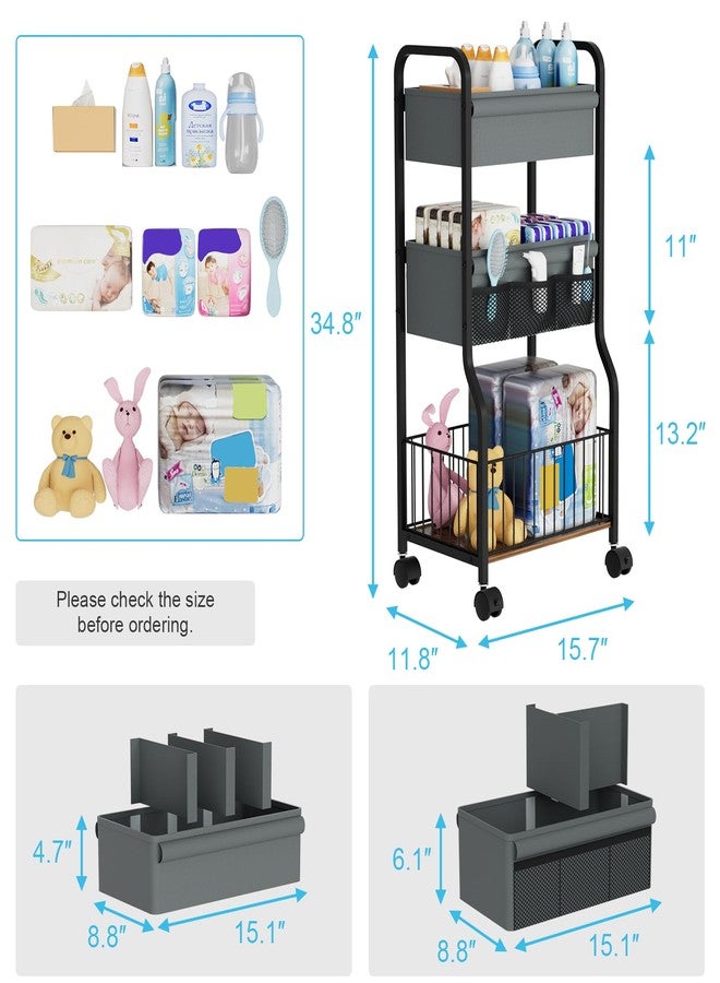 NEYCIL 3-tier Baby Diaper Caddy Organizer and Storage Cart with 4+3 Dividers, Metal Utility Cart with Lockable Wheels for Nursery, Bedroom, Bathroom, Black - Image 2