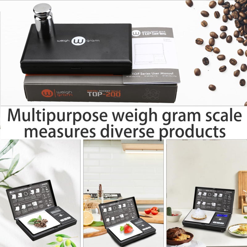 Weigh Gram ميزان جيب رقمي 200 جرام بدقة 0.01 جرام، ميزان رقمي صغير 200 جرام × 0.01 جرام، ميزان طعام صغير، ميزان مجوهرات، ميزان أوقية وحبوب مع وزن معايرة 100 جرام - Image 5