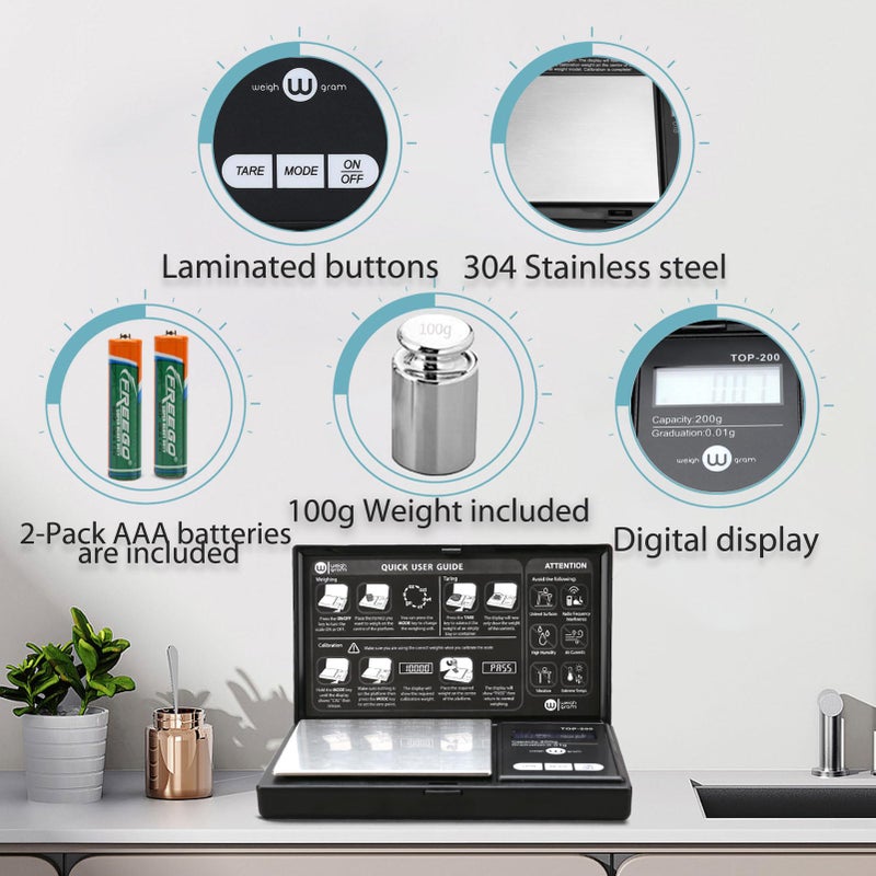 Weigh Gram ميزان جيب رقمي 200 جرام بدقة 0.01 جرام، ميزان رقمي صغير 200 جرام × 0.01 جرام، ميزان طعام صغير، ميزان مجوهرات، ميزان أوقية وحبوب مع وزن معايرة 100 جرام - Image 3