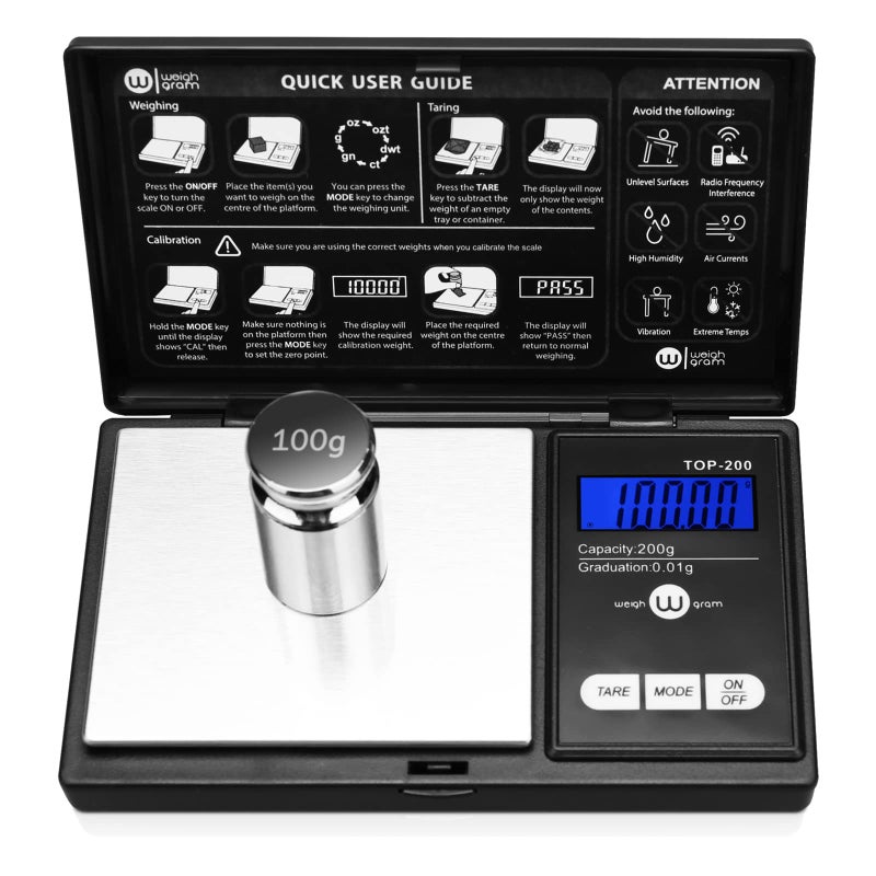 Weigh Gram ميزان جيب رقمي 200 جرام بدقة 0.01 جرام، ميزان رقمي صغير 200 جرام × 0.01 جرام، ميزان طعام صغير، ميزان مجوهرات، ميزان أوقية وحبوب مع وزن معايرة 100 جرام - Image 1