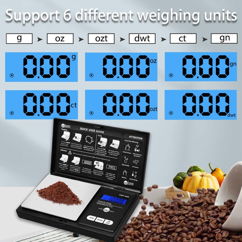 Weigh Gram ميزان جيب رقمي 200 جرام بدقة 0.01 جرام، ميزان رقمي صغير 200 جرام × 0.01 جرام، ميزان طعام صغير، ميزان مجوهرات، ميزان أوقية وحبوب مع وزن معايرة 100 جرام - Image 4