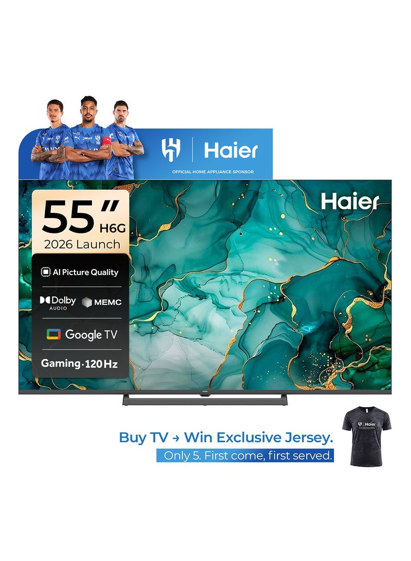 هاير 55 Inch 4K QLED Smart Google TV | Gaming@120 Hz | Dolby Vision & Atmos | MEMC/VRR/ALLM | 2+32GB RAM/ROM | Voice Control | HDR10 | Chromecast | HDMI 2.1 | Premium Bezel-Less Design - 2026 Model Year - 2 Years Warranty - 55H6GUX black - Image 1