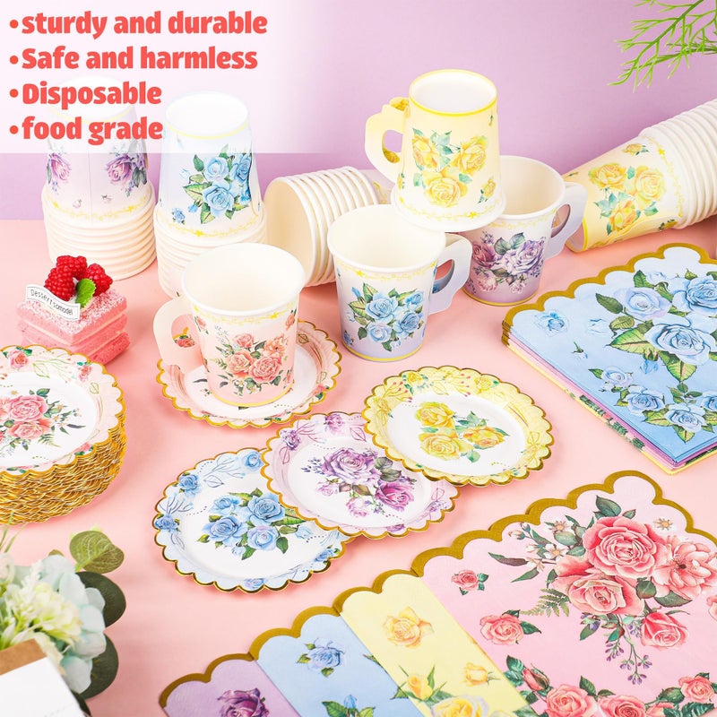 Fairooth 40 Set Floral Tea Cups and Saucers Disposable Tea Party Supplies Colorful Flower Teacups with Handle and Paper Napkins Dinnerware Set for Floral Theme Tea Party Birthday Wedding Bridal Shower Supply - Image 4