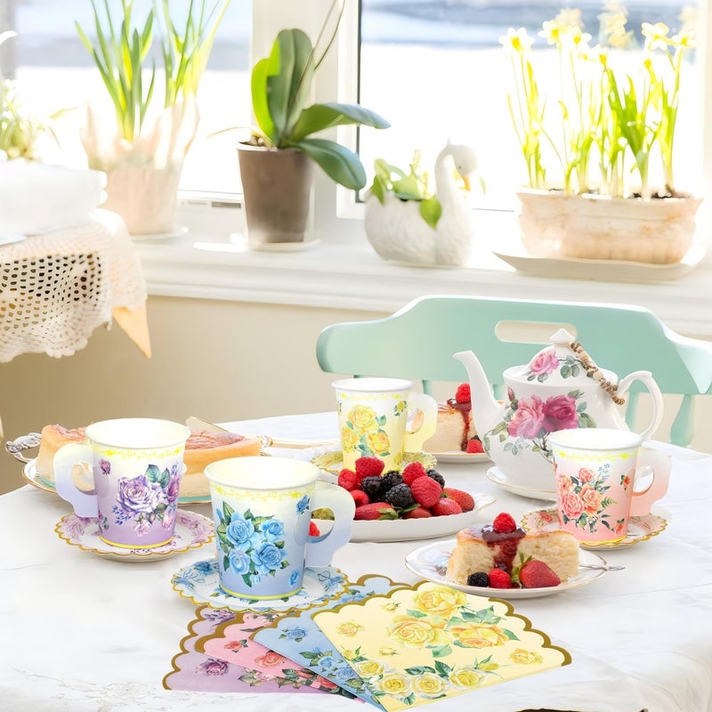 Fairooth 40 Set Floral Tea Cups and Saucers Disposable Tea Party Supplies Colorful Flower Teacups with Handle and Paper Napkins Dinnerware Set for Floral Theme Tea Party Birthday Wedding Bridal Shower Supply - Image 5