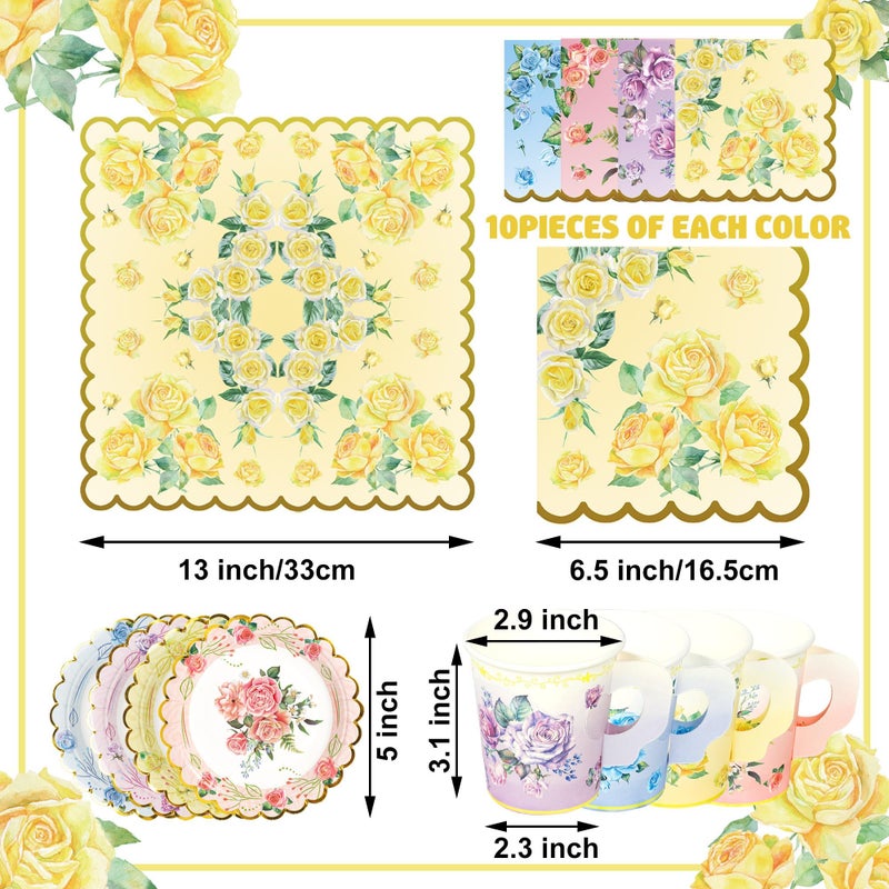Fairooth 40 Set Floral Tea Cups and Saucers Disposable Tea Party Supplies Colorful Flower Teacups with Handle and Paper Napkins Dinnerware Set for Floral Theme Tea Party Birthday Wedding Bridal Shower Supply - Image 2