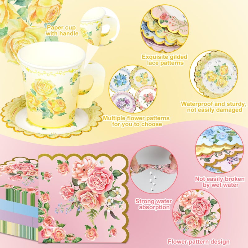 Fairooth 40 Set Floral Tea Cups and Saucers Disposable Tea Party Supplies Colorful Flower Teacups with Handle and Paper Napkins Dinnerware Set for Floral Theme Tea Party Birthday Wedding Bridal Shower Supply - Image 3