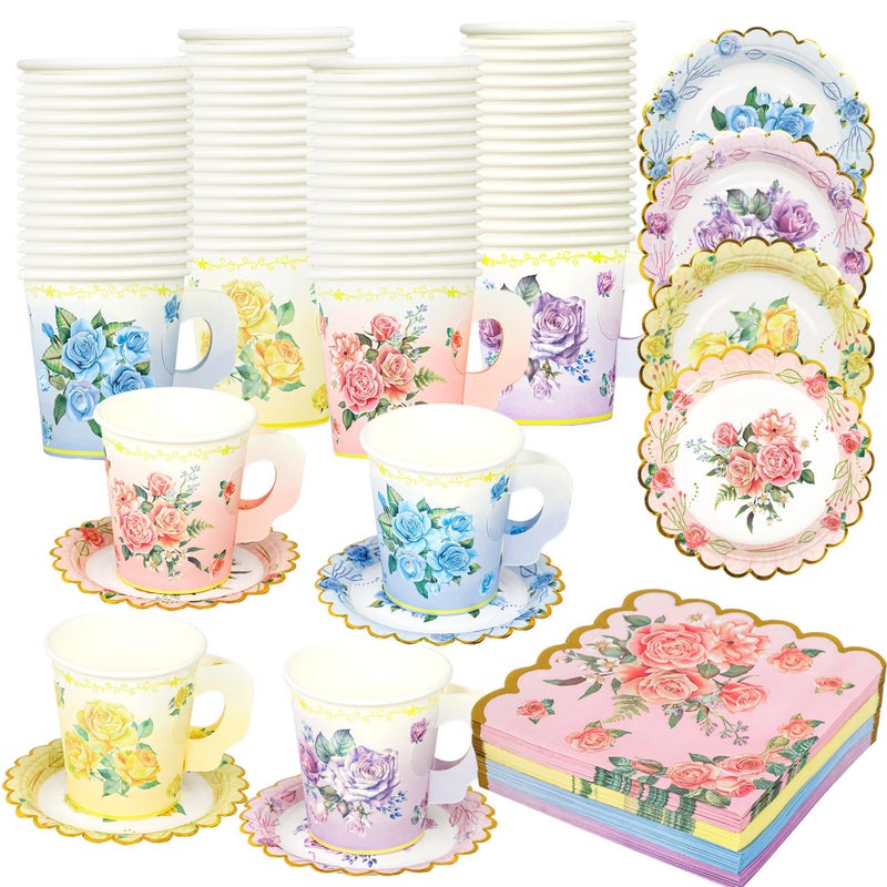 Fairooth 40 Set Floral Tea Cups and Saucers Disposable Tea Party Supplies Colorful Flower Teacups with Handle and Paper Napkins Dinnerware Set for Floral Theme Tea Party Birthday Wedding Bridal Shower Supply - Image 1