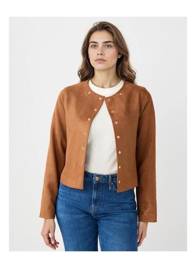 Jimmy Key Brown Straight-Cut Suede Jacket with Snap Button Detail.