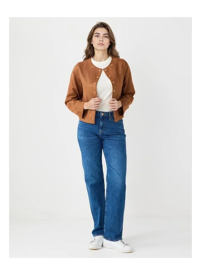 Jimmy Key Brown Straight-Cut Suede Jacket with Snap Button Detail.