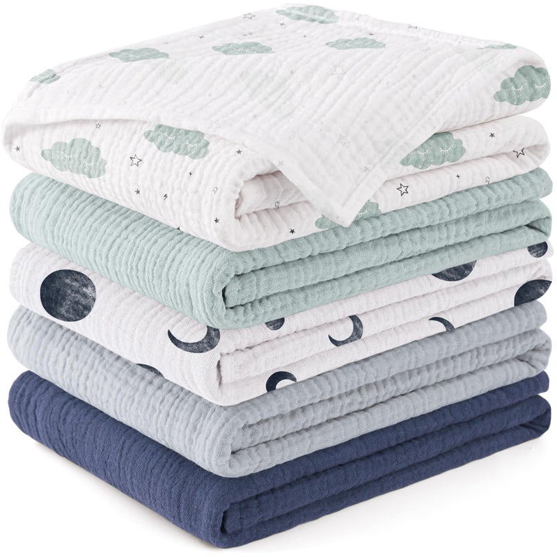 Susurration Baby Burp Cloths 5 Pack 100 Cotton Muslin Baby Washcloths 236 236 inch Burping Cloths for Babies Newborn Baby Boys Girls EssentialsBlue - Image 2
