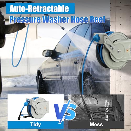 FIXFANS Pressure Washer Hose Reel with Hose, 1/4" × 60ft Retractable Power Washer Hose Reel, Heavy Duty Hose Reel Auto Rewind, Wall Mounted, 3600 PSI - Image 2
