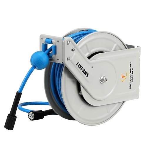 FIXFANS Pressure Washer Hose Reel with Hose, 1/4" × 60ft Retractable Power Washer Hose Reel, Heavy Duty Hose Reel Auto Rewind, Wall Mounted, 3600 PSI - Image 1