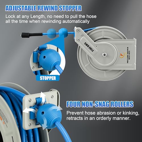 FIXFANS Pressure Washer Hose Reel with Hose, 1/4" × 60ft Retractable Power Washer Hose Reel, Heavy Duty Hose Reel Auto Rewind, Wall Mounted, 3600 PSI - Image 4