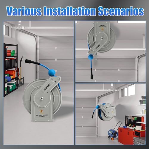 FIXFANS Pressure Washer Hose Reel with Hose, 1/4" × 60ft Retractable Power Washer Hose Reel, Heavy Duty Hose Reel Auto Rewind, Wall Mounted, 3600 PSI - Image 5