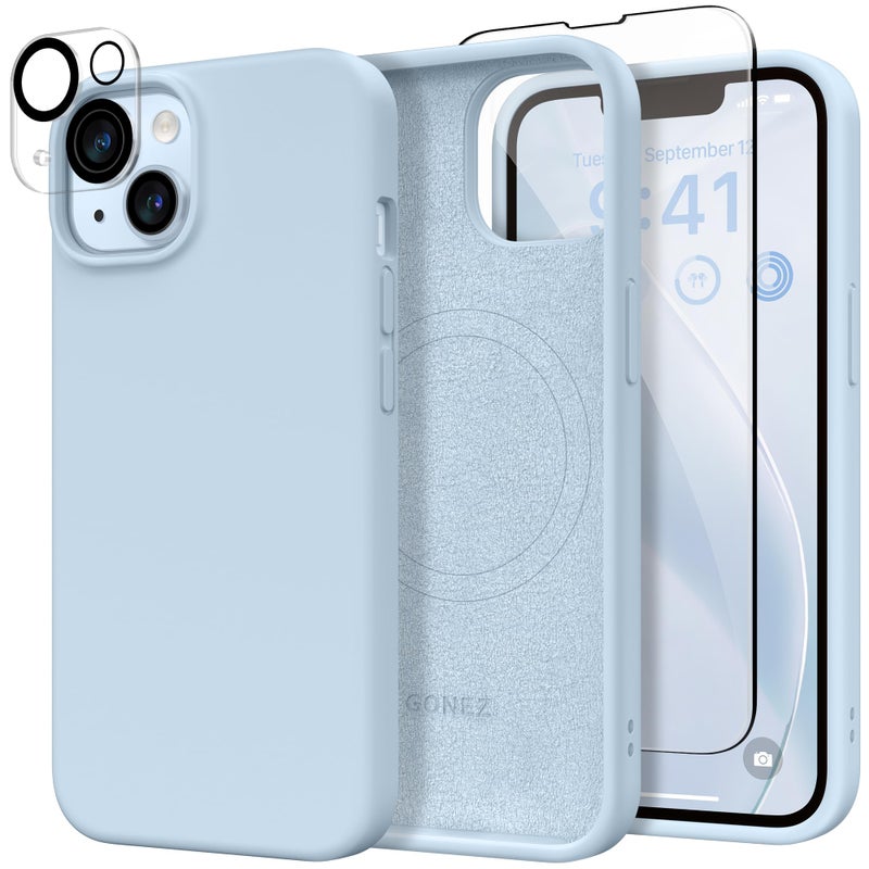 GONEZ Magnetic for iPhone 14 Case, Compatible with Magsafe, with Screen Protector + Camera Protector, Anti-Scratch Microfiber Lining, Liquid Silicone Shockproof Protective Phone Case, Blue - Image 1