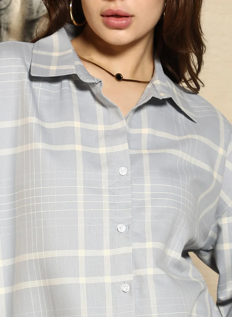 PINACOLADA Pinacolada Women's Cloud Grey Tartan-Imprint Oversized Shirt | Spread Collar , Long Cuffed Sleeves , Button Closure | Plaid Plain Material | Cotton Shirt For Casual Wear