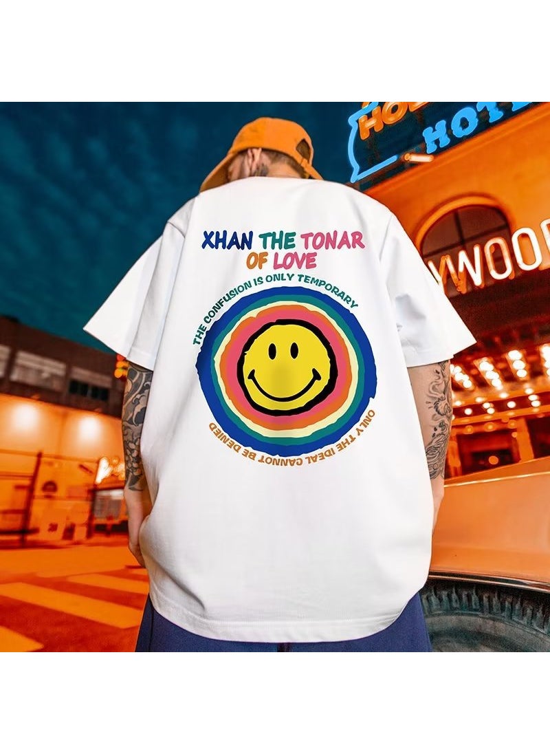 Generic - Trendy Smiley Face Mens Short Sleeve T-Shirt Loose Fit Casual Style Extra Large Size For Spring And Autumn 1856 white - Image 1