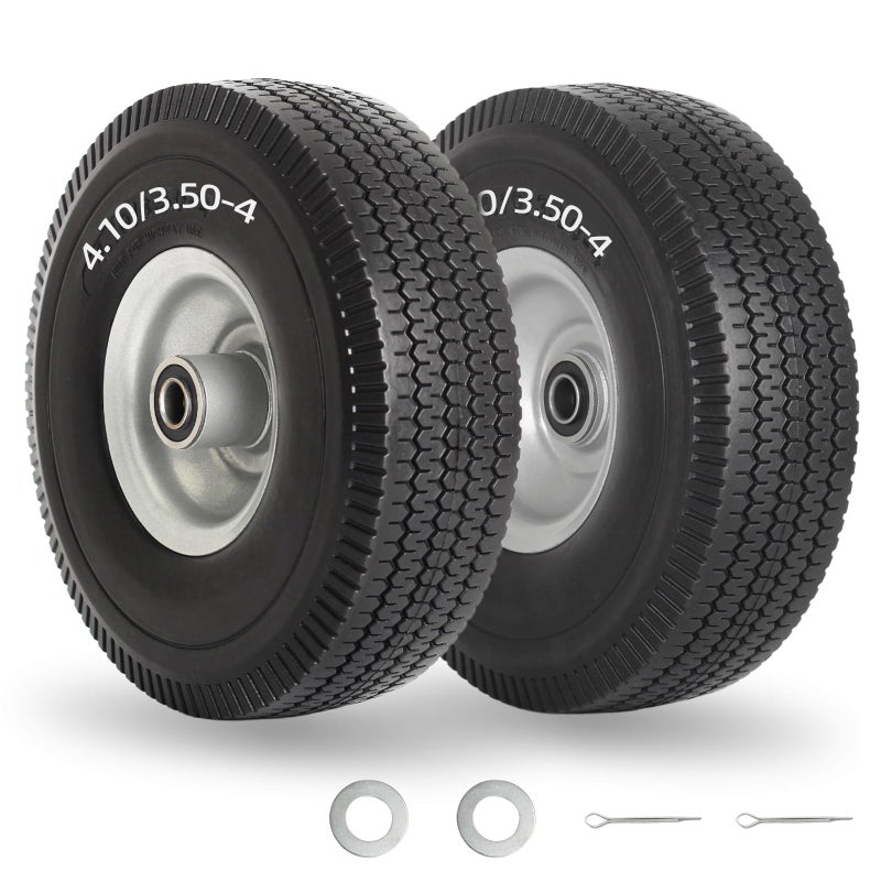GICOOL 4.10/3.50-4" Flat Free Tire and Wheel, 10" Solid Tire with 5/8" Axle Bore Hole, 2.2" Offset Hub for Hand Truck Garden Wagon Cart Trolley Dolly Lawn Mover Replacement - Image 1