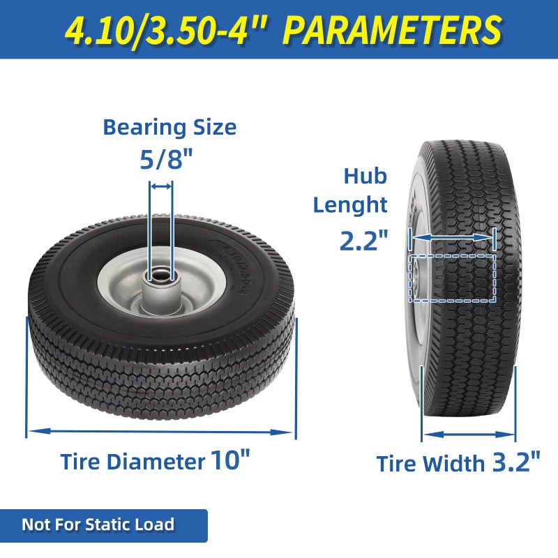 GICOOL 4.10/3.50-4" Flat Free Tire and Wheel, 10" Solid Tire with 5/8" Axle Bore Hole, 2.2" Offset Hub for Hand Truck Garden Wagon Cart Trolley Dolly Lawn Mover Replacement - Image 2