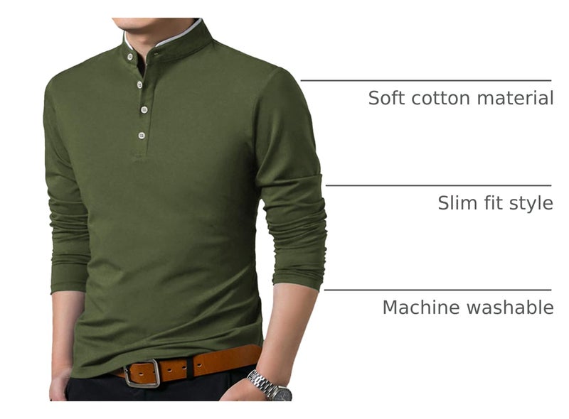KUYIGO Men's Casual Slim Fit Shirts Long Sleeve Polo Mandarin Collared St Patrick's Day T-Shirts Army Green Large - Image 4