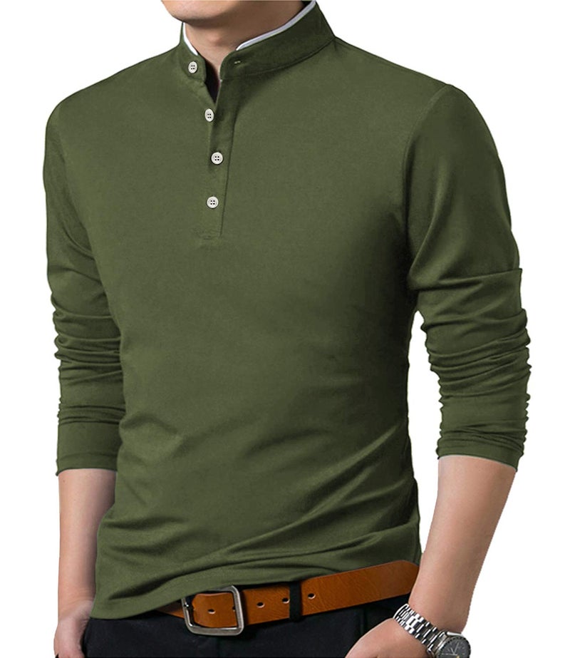 KUYIGO Men's Casual Slim Fit Shirts Long Sleeve Polo Mandarin Collared St Patrick's Day T-Shirts Army Green Large - Image 3