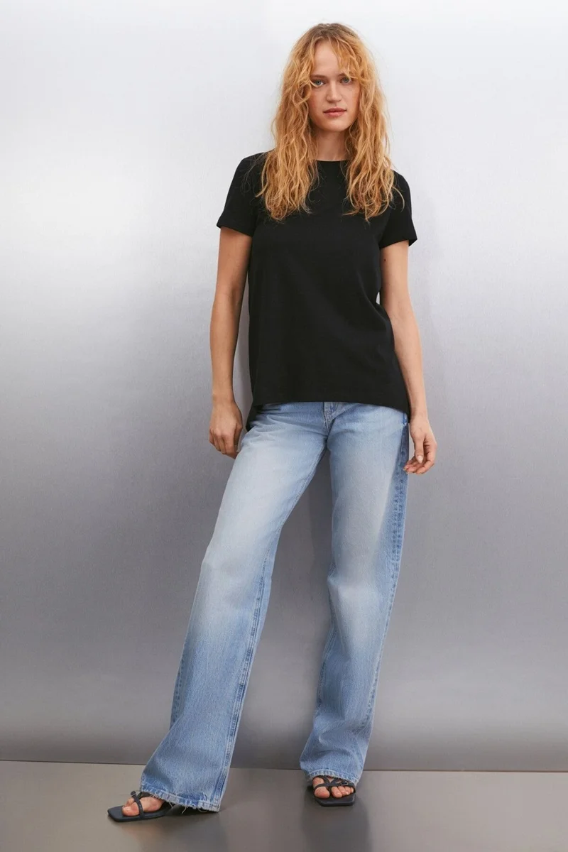GRIMELANGE Samantha Women's Comfort Fit 100% Organic Cotton Basic Knitted Black T-shirt