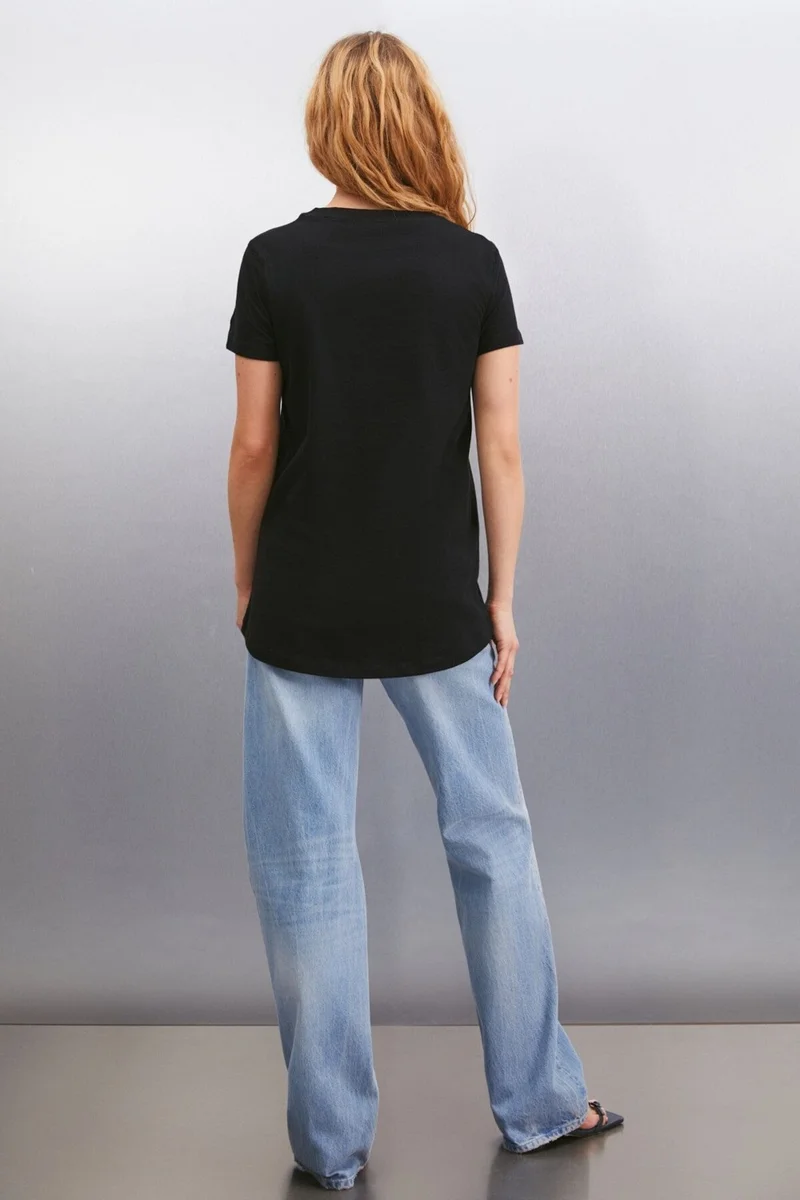 GRIMELANGE Samantha Women's Comfort Fit 100% Organic Cotton Basic Knitted Black T-shirt