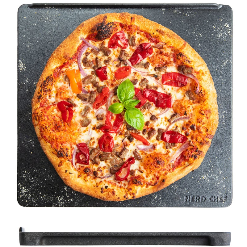 NerdChef Speed Steel  High Performance Pizza Baking Stone  Integrated Backstop  Handles  Heating Fins 135 x 145 x 90 Thick