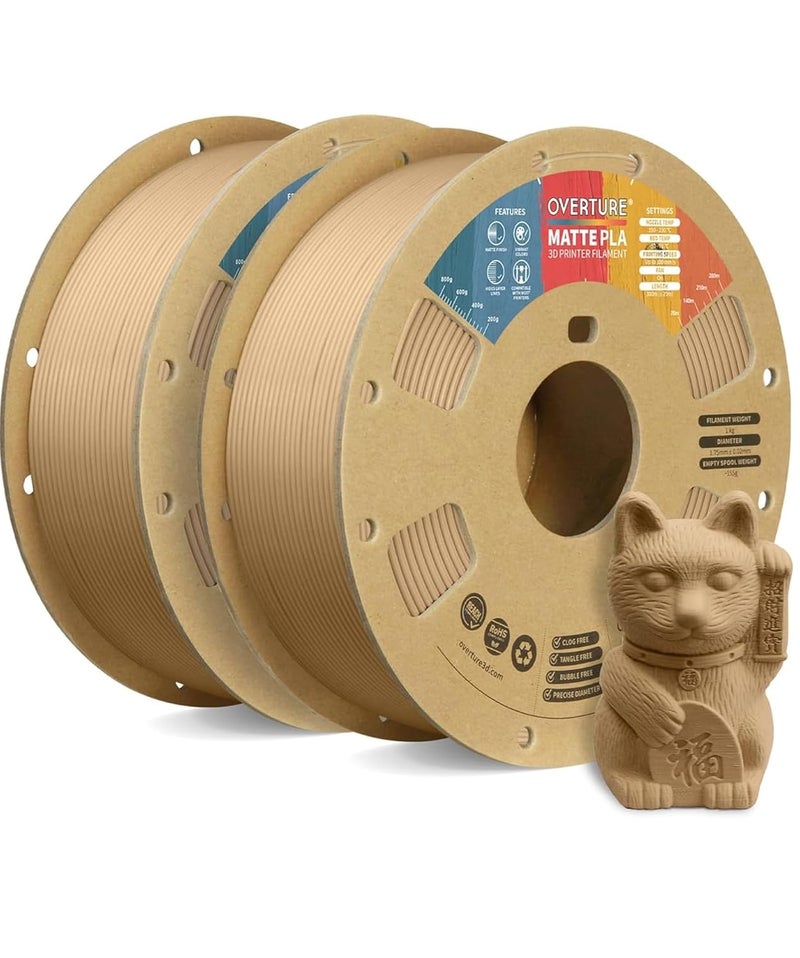 OVERTURE 2KG Bundle Matte PLA 3D Printer Filament 1.75mm, Matt Surface & Low Warping Filament 2 Pack 1kg Spool (2.2 lbs), Fit Most FDM Printers (Matte Light Brown 2-Pack) - Image 1