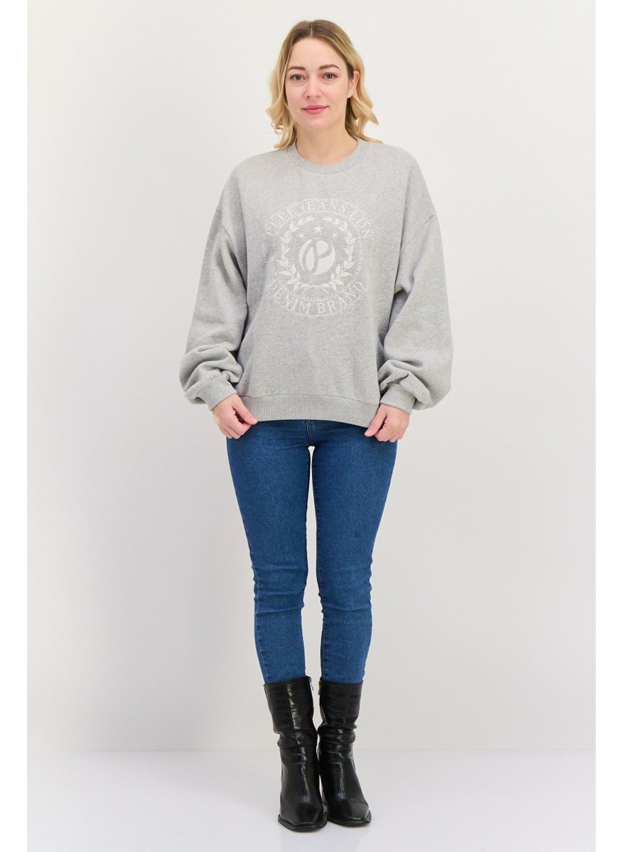 Pepe Jeans - Women Crew Neck Long Sleeve Embroidered Logo Sweatshirt, Grey - Image 1