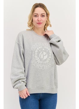 Women Crew Neck Long Sleeve Embroidered Logo Sweatshirt, Grey