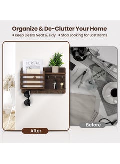 KYD Mail Holder for Wall Mail Organizer with Key Hooks Hallway Farmhouse Decor Letter Sorter Made of Natural Wood with Floating Shelf and Flush Mount Hardware  - Image 2