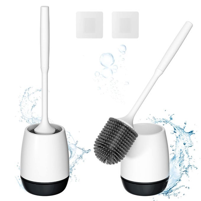 2 PACK TOILET BRUSH WITH VENTILATED DRYING HOLDER, SILICONE TOILET BOWL BRUSH BATHROOM CLEANING BOWL BRUSH KIT STURDY CLEANING TOILET BRUSH, FLOOR STANDING & WALL MOUNTED WITHOUT DRILLING, BLACK