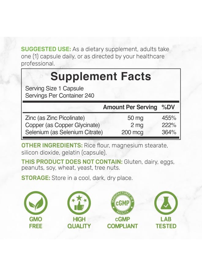 DEAL SUPPLEMENT الزنك 50 ملجم مع السيلينيوم 200 ميكروجرام + النحاس، 240 كبسولة، كمية تكفي 8 أشهر، تركيبة معدنية 3 في 1، مكمل مركب بيكولينات الزنك، يدعم نظام المناعة الصحي للبالغين والأطفال - Image 2