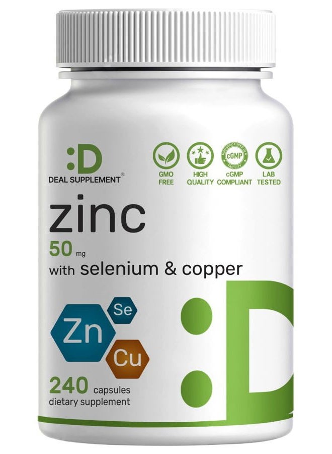 DEAL SUPPLEMENT الزنك 50 ملجم مع السيلينيوم 200 ميكروجرام + النحاس، 240 كبسولة، كمية تكفي 8 أشهر، تركيبة معدنية 3 في 1، مكمل مركب بيكولينات الزنك، يدعم نظام المناعة الصحي للبالغين والأطفال - Image 1