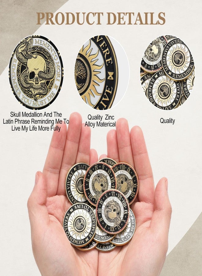 Misdary 10 Pcs Memento Mori Coin Memento Vivere Reminder Token Metal Skull Challenge Coin Medallion Stoicism Gift Challenge Stoic Reminder Pendant for Daily Practice Stoic (Black Gold Style) - Image 3