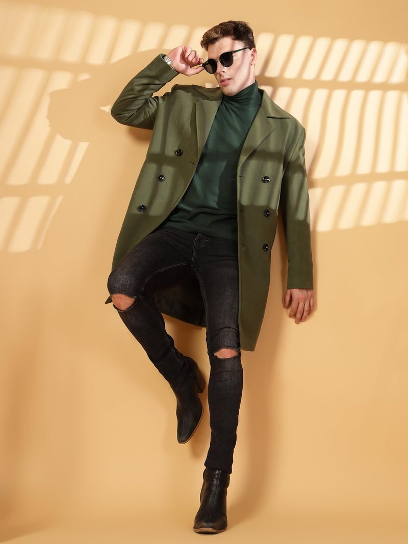 CHKOKKO Men Formal Long Winter Coat Double Breasted | Thigh Length Overcoat featuring a Notched Lapel Collar and Convenient Front Side Pockets for Stylish Wear OLIVE XXL - Image 3