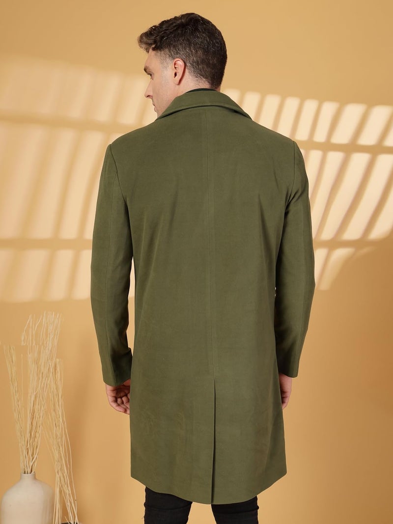 CHKOKKO Men Formal Long Winter Coat Double Breasted | Thigh Length Overcoat featuring a Notched Lapel Collar and Convenient Front Side Pockets for Stylish Wear OLIVE XXL - Image 4