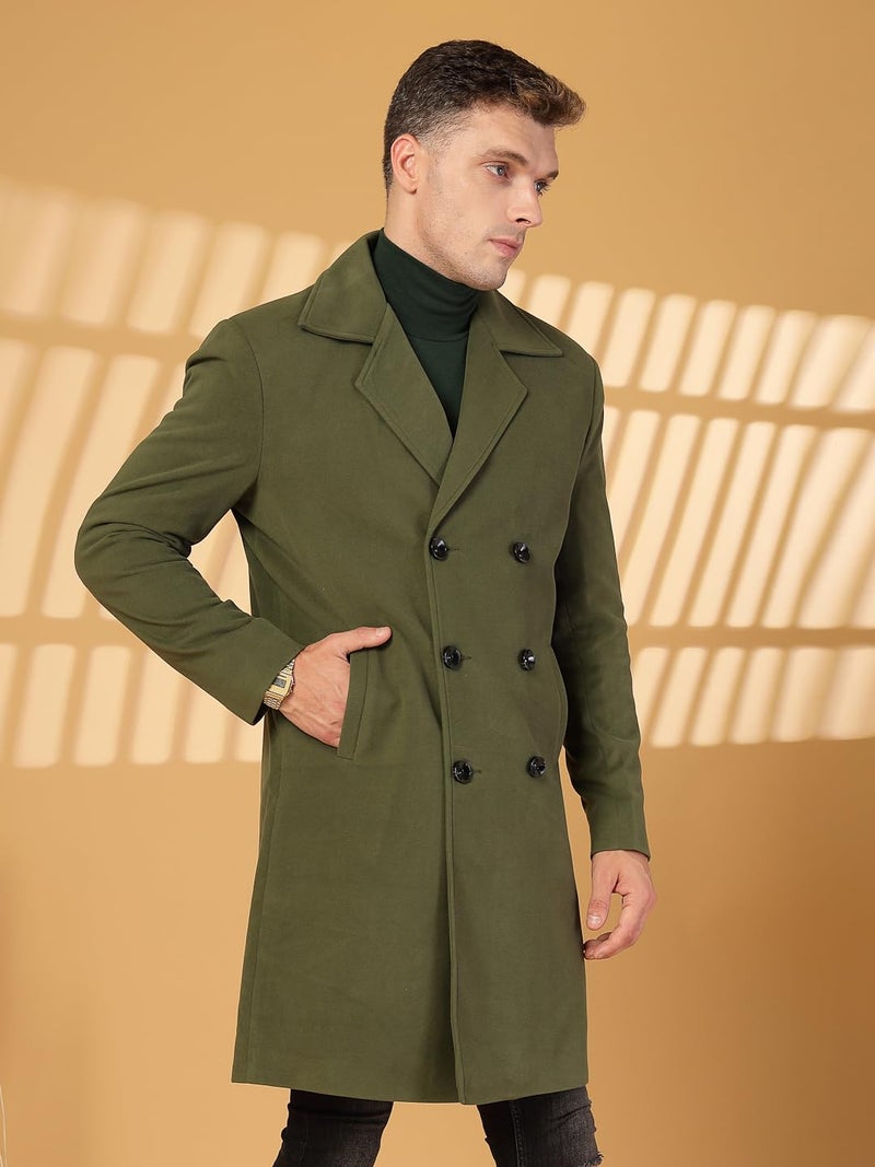 CHKOKKO Men Formal Long Winter Coat Double Breasted | Thigh Length Overcoat featuring a Notched Lapel Collar and Convenient Front Side Pockets for Stylish Wear OLIVE XXL - Image 5