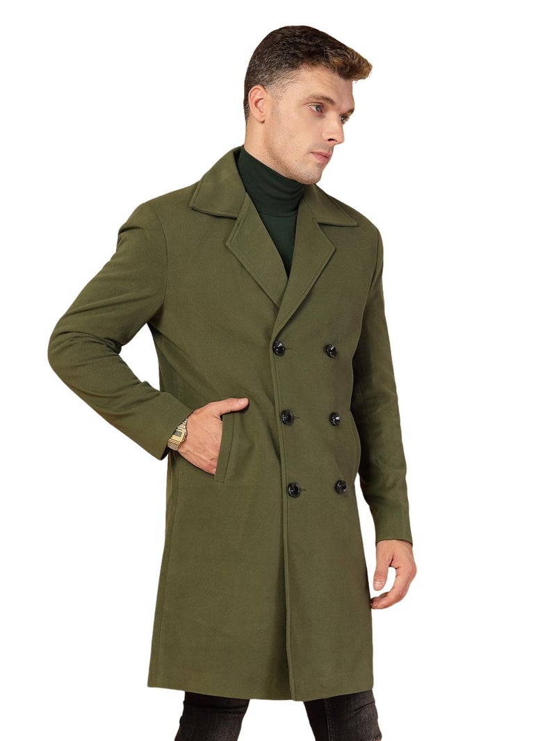 CHKOKKO Men Formal Long Winter Coat Double Breasted | Thigh Length Overcoat featuring a Notched Lapel Collar and Convenient Front Side Pockets for Stylish Wear OLIVE XXL - Image 1